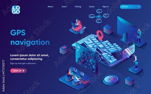 GPS navigation concept isometric landing page. Online tracking on the city map, transportation and routing with app, 3d web banner template. Vector illustration with people scene in flat design