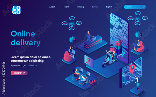 Online delivery concept isometric landing page. Fast shipping of orders by courier, flying drones with parcels in boxes, 3d web banner template. Vector illustration with people scene in flat design