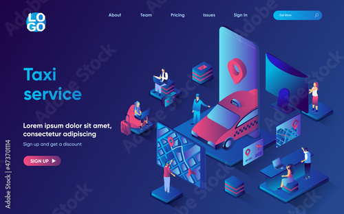 Taxi service concept isometric landing page. Online car booking, transportation and route tracking location in mobile app, 3d web banner template. Vector illustration with people scene in flat design