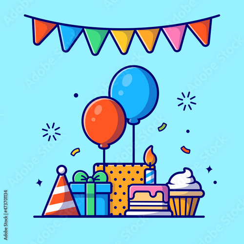 Gift Box And Birthday Cake Cartoon Vector Icon Illustration. Food Recreation Icon Concept Isolated Premium Vector. Flat Cartoon Style
