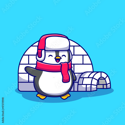 Cute Penguin Wih Igloo Cartoon Vector Icon Illustration. Animal Nature Icon Concept Isolated Premium Vector. Flat Cartoon Style
