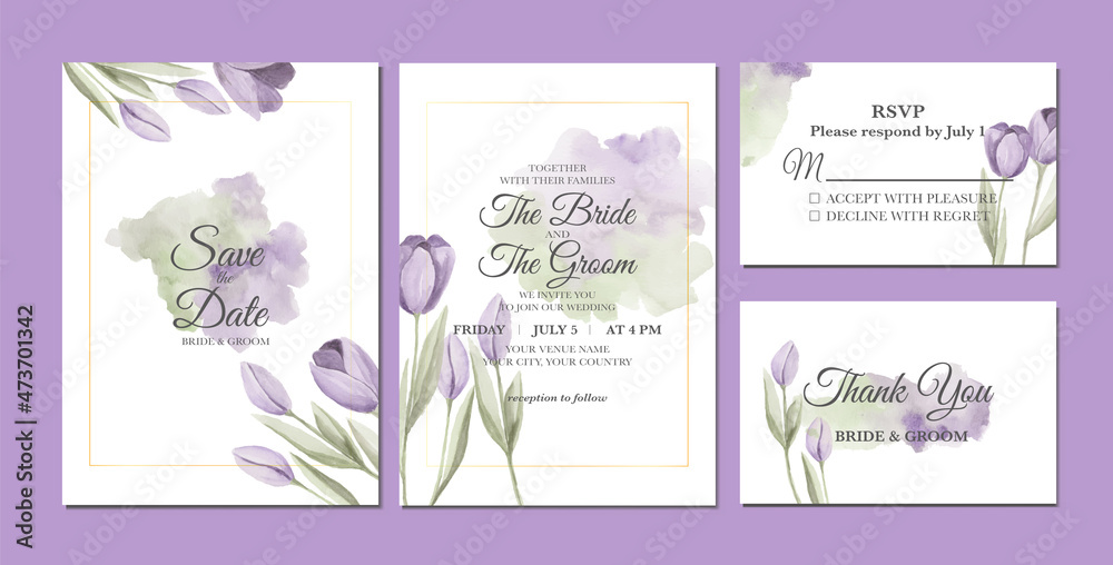 Hand painted of beautiful tulip flowers watercolor as wedding invitation template.