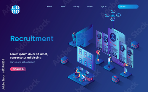 Recruitment concept isometric landing page. HR managers review resumes and select candidates for vacancy, human resources, 3d web banner template. Vector illustration with people scene in flat design