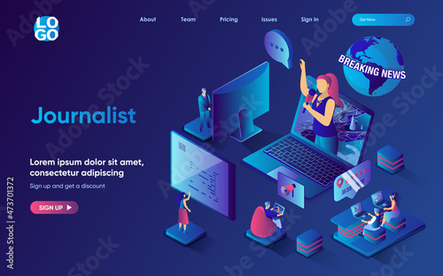 Journalist concept isometric landing page. Team creates news program in studio, writes articles for online newspapers, 3d web banner template. Vector illustration with people scene in flat design