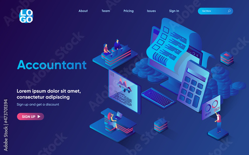 Accountant concept isometric landing page. Team maintains financial acconting and budget planning, profit calculation, 3d web banner template. Vector illustration with people scene in flat design