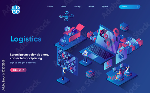 Logistics concept isometric landing page. Express delivery service at map, warehousing, distribution and global shipping 3d web banner template. Vector illustration with people scene in flat design