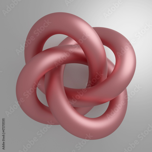 Copper wire tied in a knot, on a gray background.. A shiny pink torus intertwined into an endless knot. 3D render.