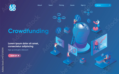 Crowdfunding concept isometric landing page. Fundraising at new business project, startup investment, collective donation 3d web banner template. Vector illustration with people scene in flat design