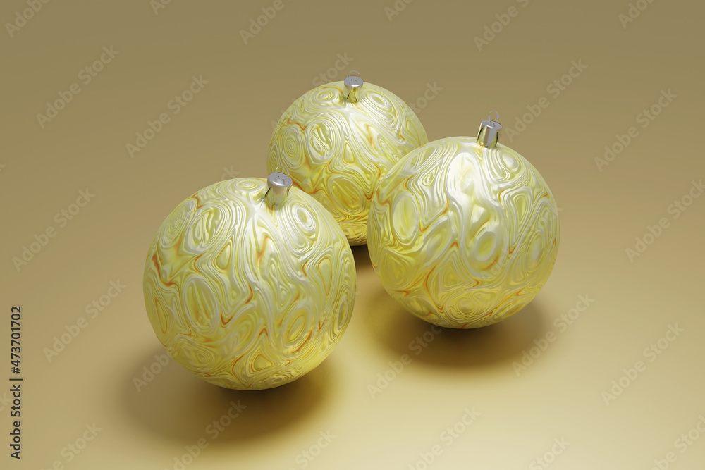 Christmas and New Year's scene in soft yellow tones. Christmas decorations in the form of balls with a white and yellow magical texture. 3D render.