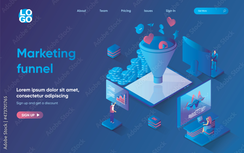 Marketing funnel concept isometric landing page. Team attracts new customers making purchases and generating sales, 3d web banner template. Vector illustration with people scene in flat design Marketing funnel concept isometric landing page. Team attracts new customers making purchases and generating sales, 3d web banner template. Vector illustration with people scene in flat design