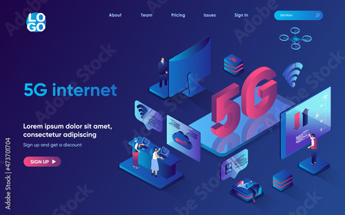 5g internet concept isometric landing page. Users use new high speed wifi signal hotspot, global network technology, 3d web banner template. Vector illustration with people scene in flat design