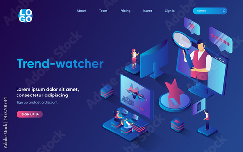 Trend-watcher concept isometric landing page. Team making marketing research of new trends and content, analyzes data, 3d web banner template. Vector illustration with people scene in flat design