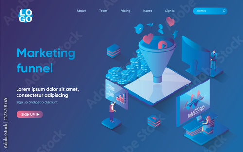 Marketing funnel concept isometric landing page. Team attracts new customers making purchases and generating sales, 3d web banner template. Vector illustration with people scene in flat design