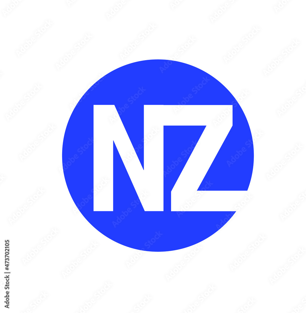 NZ Letters Comapny initial monogram. NZ letters on blue round. NZ Letters Comapny initial monogram. NZ letters on blue round.