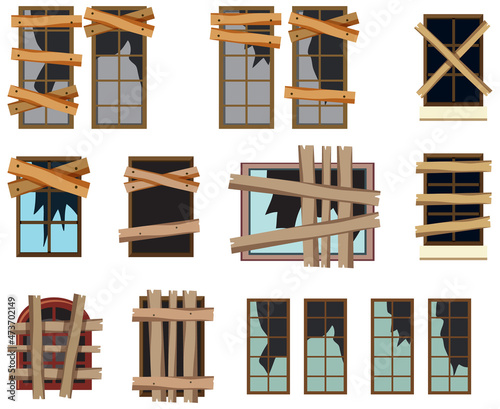 Set of different dilapidated windows