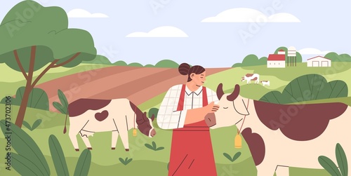 Woman with milk cows in pasture. Domestic animals grazing and eating grass on field. Farm worker and livestock in grassland. Rural summer landscape with farmer and cattle. Flat vector illustration