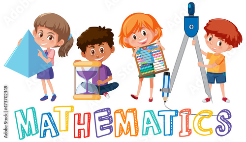 Kids with math tools and doodle math symbol