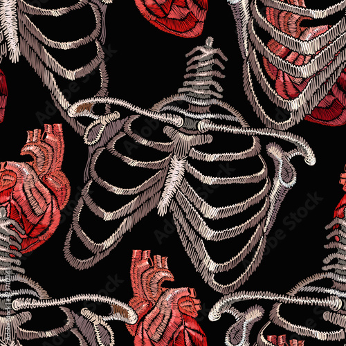 Embroidery skeleton, rib cage and anatomical human heart. Gothic medical seamless pattern. Dark art