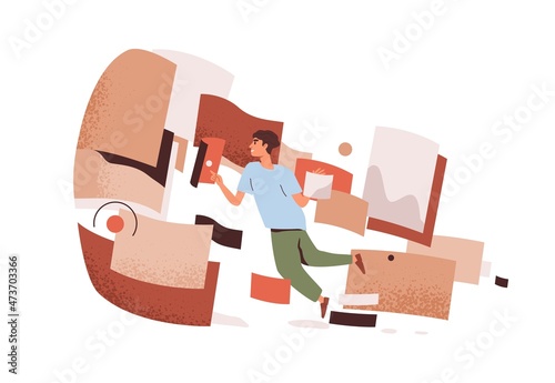 Business person in abstract work flow. Employee in technology cyber space. Information analysis and streamline concept. Man during research. Flat vector illustration isolated on white background