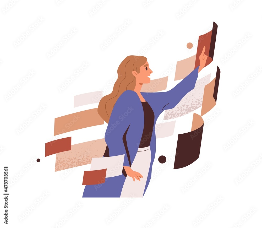 Abstract data analysis. Person work with systems and structures, analyze information. Business technology and workflow automation concept. Flat graphic vector illustration isolated on white background