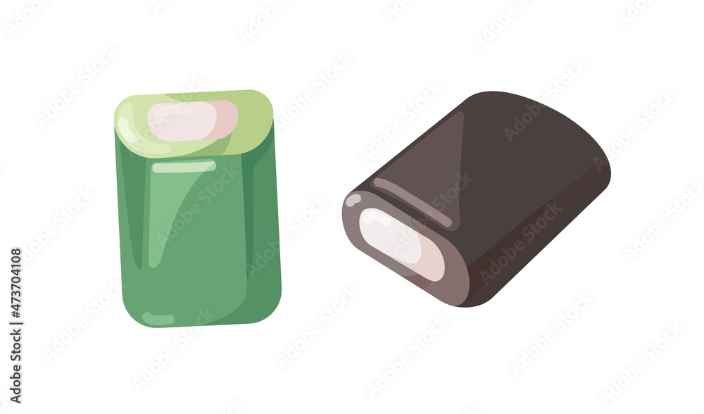 Fruit and licorice rockies candies. Black liquorice sweets with vanilla cream filling. Jelly confectionery. Healthy gelatin dessert. Flat vector illustration isolated on white background