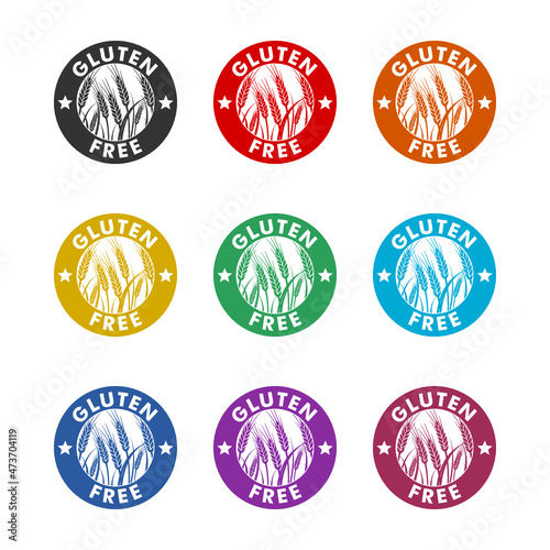 Round gold colored gluten free label with wheat ears isolated on white background, color set