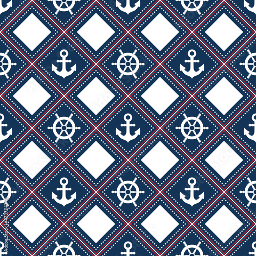 Nautical elements. Naval seamless pattern. Marine symbols: steering wheel, helm, anchor. Vector illustration Isolated on white background. Geometric ornament. Design wrapping paper and baby clothes