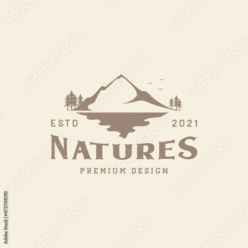nature mountain with tree and lake vintage outdoor logo symbol icon vector graphic design illustration idea creative