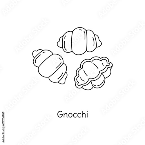 Gnocchi pasta illustration. Vector doodle sketch. Traditional Italian food. Hand-drawn image for engraving or coloring book. Isolated black line icon. Editable stroke