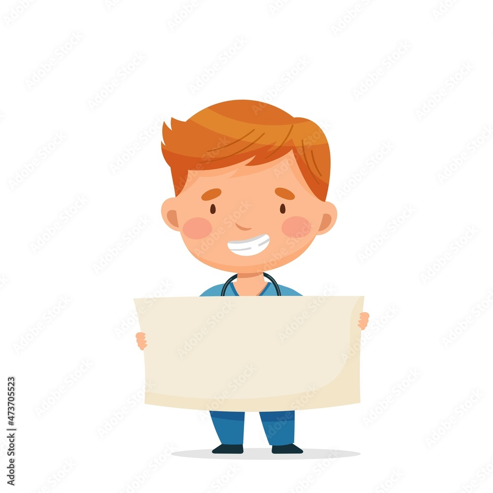 Doctor holding a poster. The man is standing. Vector postcard in cartoon style for design, print, patterns Doctor holding a poster. The man is standing. Vector postcard in cartoon style for design, print, patterns