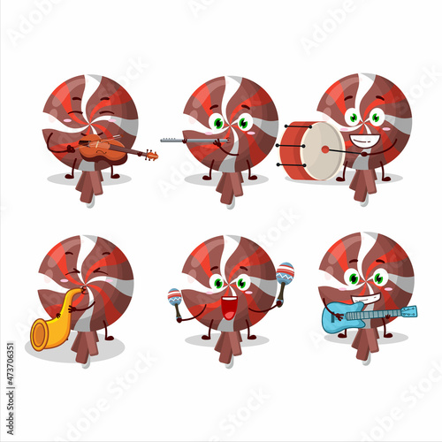 Cartoon character of red twirl lolipop wrapped playing some musical instruments