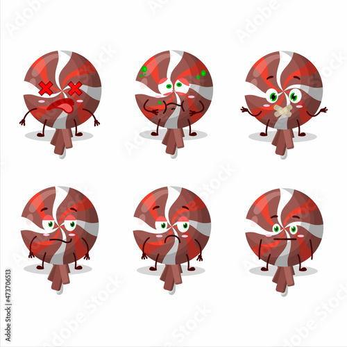 Red twirl lolipop wrapped cartoon character with nope expression