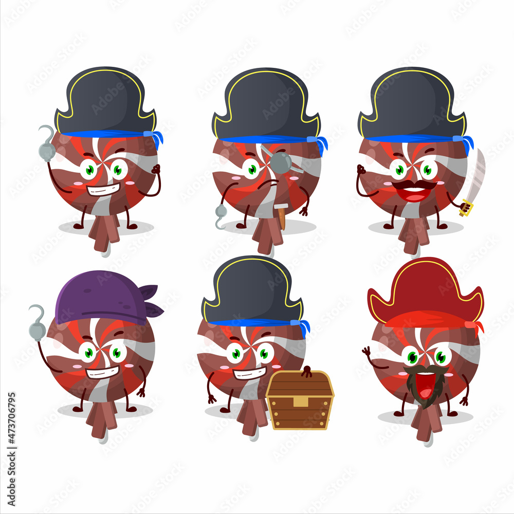 Cartoon character of red twirl lolipop wrapped with various pirates emoticons Cartoon character of red twirl lolipop wrapped with various pirates emoticons