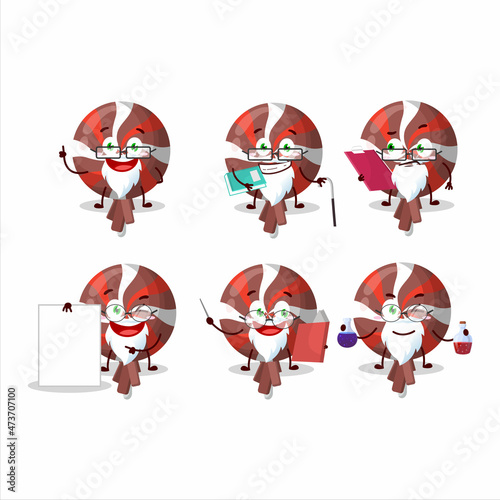 Professor red twirl lolipop wrapped academic cartoon character working on laboratory