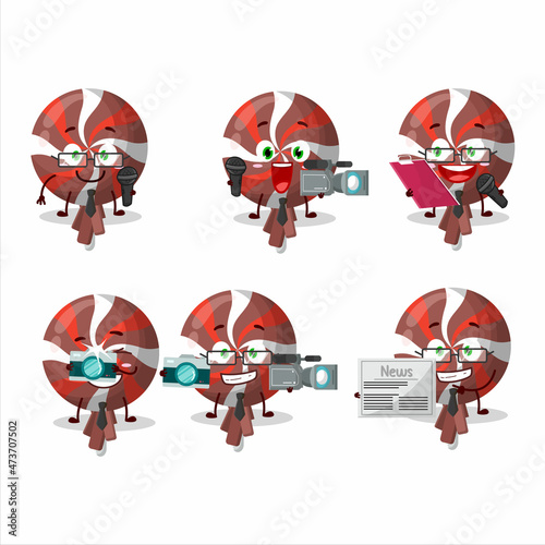 Character reporter red twirl lolipop wrapped cute mascot with microphone