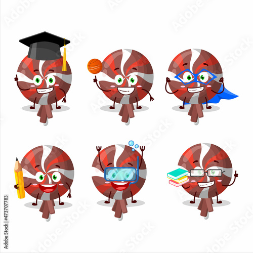 School student of red twirl lolipop wrapped cartoon character with various expressions