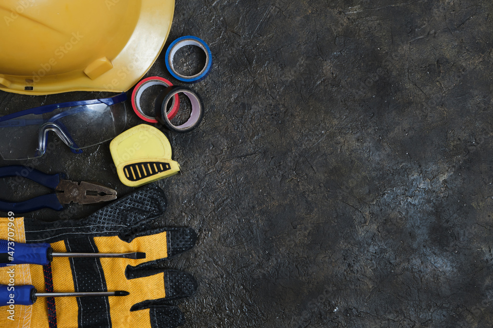 Set of construction, installation tools and protective equipment.