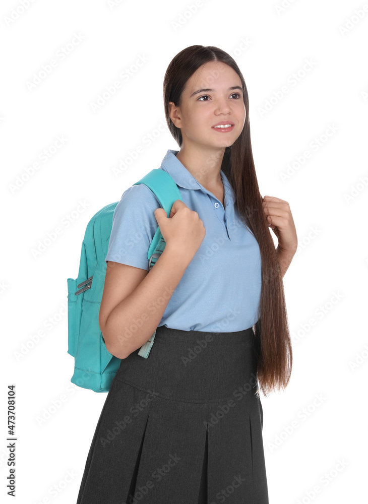 Teenage girl in school uniform with backpack on white background Teenage girl in school uniform with backpack on white background