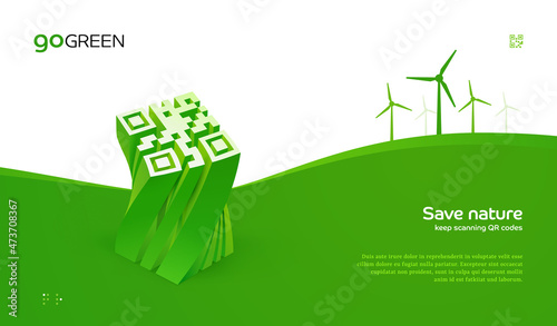 Eco friendly vector illustration concept. Save planet, trees and keep using qr code, Green landscape with windmills and qrcode