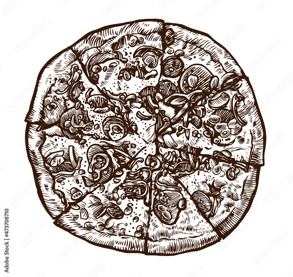 Pizza cut pieces vintage illustration. Italian food in engraving style. Sketch vector illustration