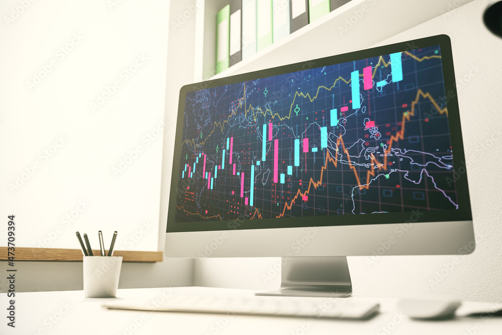 Abstract creative financial graph on modern laptop screen, forex and investment concept. 3D Rendering Abstract creative financial graph on modern laptop screen, forex and investment concept. 3D Rendering