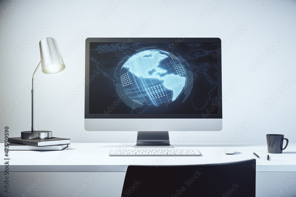 Computer monitor with digital America map, global technology concept. 3D Rendering Computer monitor with digital America map, global technology concept. 3D Rendering