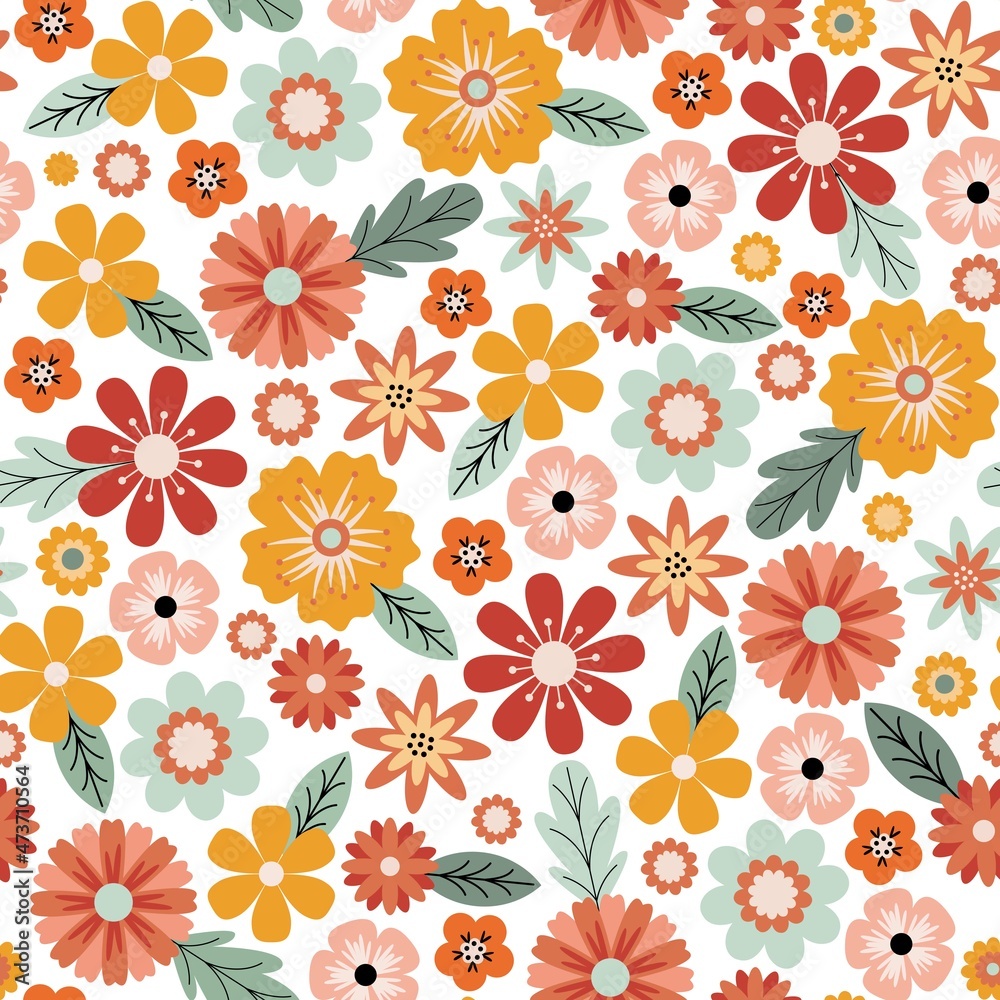 Vector flower pattern. Seamless botanic texture, detailed flowers illustrations. Spring floral background