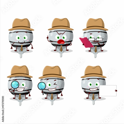 Detective white lolipop wrapped cute cartoon character holding magnifying glass