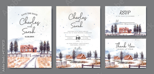 Watercolor wedding invitation set of winter landscape with house and pine trees