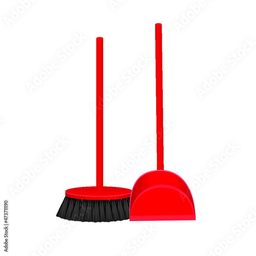 Red broom and plastic dustpan isolated on a white background