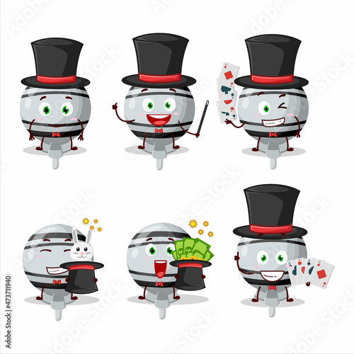 A white lolipop wrapped Magician cartoon character perform on a stage