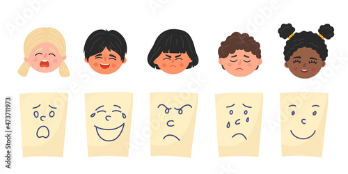 Set from different emotions. Children faces and pieces of paper with drawn emotions. Scared, laughing, sad, angry, smiling, happy.