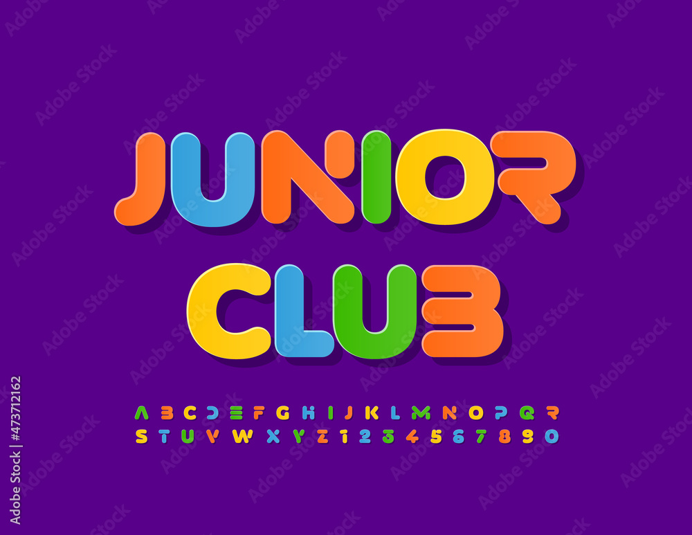 Vector colorful logo Junior Club with bright abstract Font. Alphabet Letters and Numbers set for Kids
