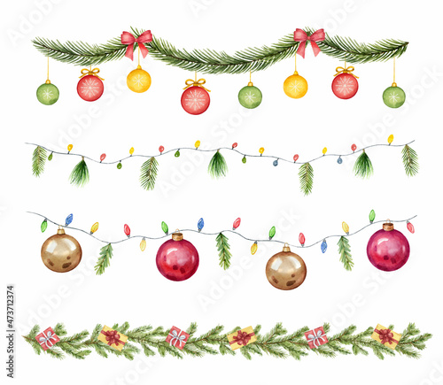 Watercolor vector Christmas set colorful garland with balls, lights and fir branches.
